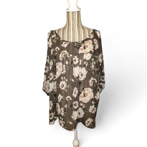 Torrid Olive Green Floral Sheer Cold Shoulder Slit Sleeve Blouse Size 1